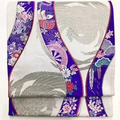 ［6659］袋帯 鴛鴦鳳凰花文様 プラチナ箔 刺繍 六通 正絹 着物 フォーマル