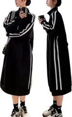 GRHONC ワンピース ジャージ レディース 長袖 ハイネック ハーフジップ 体型カバー カジュアル 春 秋 (ブラック,  4XL)