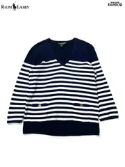 古着 LAUREN RALPH LAUREN ラルフローレン ボーダー柄 コットン100％ 長袖 ニット セーター 紺 (ttu2601098)