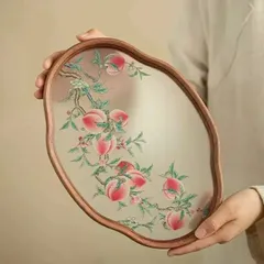 みずみずしい桃の絵柄 ガラス トレー トレイ ガラス 盛器 寿桃 九桃 木フレーム 雲型 楕円 花柄 30cm デザートトレー お皿 ガラスプレート