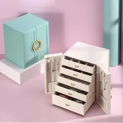 ジュエリーボックス 多収納 両開き おしゃれ かわいい ジュエリーケース 大容量 イヤリングケース ホワイト ブルー オレンジピンク