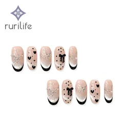 rurilife 瑠璃ライフ ネイルチップ #05 ドットハート 10枚入り（S・M 2サイズ）専用ケース・ツールキット付き 手作りネイルチップ ハンドメイド 春ネイル 限定カスタムシリーズ 可憐なハート リボン 上品 大人可愛い 貼るだけ SPRING