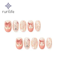 rurilife 瑠璃ライフ ネイルチップ #04 桜奈雪 10枚入り（S・M 2サイズ）専用ケース・ツールキット付き 手作りネイルチップ ハンドメイド 春ネイル 限定カスタムシリーズ リボンモチーフのアクセント 上品 大人可愛い 貼るだけ SPRING