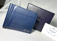 PRADA プラダ ブランドロゴ レザーマネークリップ ネイビー＆シルバー ウォレット カードケース 財布 男女兼用 付属品あり