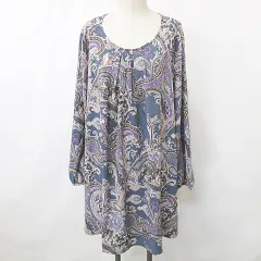 SANS FIN ワンピース チュニック 長袖 丸首 ひざ丈 タック ペイズリー柄 ブルー パープル グレー 5L
