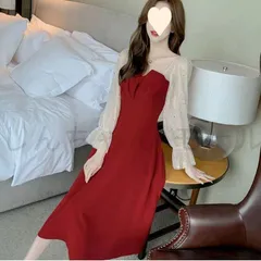 スタイルアップ 華やか ワンピース レディース おしゃれ かわいい ワインレッド 長袖 Vネック チュール 切り替えワンピース ドレス ひざ丈 