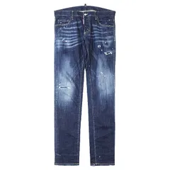 SALE【美品】DSQUARED2 ディースクエアード デニム パンツ ジーンズ ロゴ ボタン ダメージ&ペンキ加工 ストレッチ スリムストレート ボトムス メンズ サイズ 48 インディゴ イタリア製