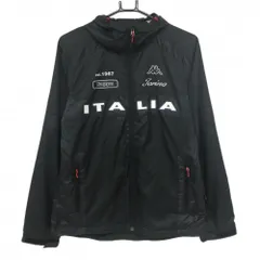 【美品】カッパ フード付ジャケット 黒×白 胸元ロゴ 微起毛裏地 裾ドローコード メンズ M ゴルフウェア Kappa
