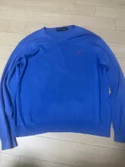 ポロラルフローレン ピマコットン ピンクポニー ブルー Vネック ニット