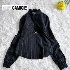 【美品✨NARACAMICIE/ナラカミーチェ】シャドーストライプ フリルスタンドカラー ペプラムブラウス サイドファスナー ブラック 黒 光沢感 ストレッチ クリーニング済み