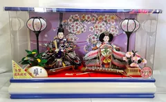 M[宅140]0690 雛人形 親王飾り 芥子 二人 白/ブルーアクリルケース入り ライト付き オルゴール付き 専用段ボールあり 未使用品