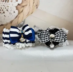 2点セット　犬　猫首輪　ボーダー、黒ギンガムリボン　グラスチャーム　ガーボタン
