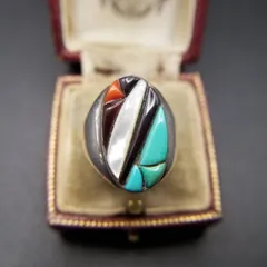 Richard & Geneva Terrazas Zuni マルチストーン インレイ ヴィンテージ リング 925 シルバー 銀 指輪 10g インディアンジュエリー R9-G