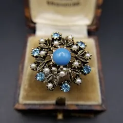 水色ラインストーン パール装飾 フローラル オープンワーク ヴィンテージ リング 指輪 ゴールドトーン 大ぶり コスチューム R15-K