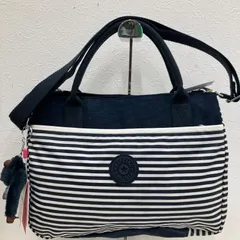 8515　Kipling　キプリング　トートバッグ　 2way　ショルダーバッグ　ボーダー　 ストライプ　マリン　ネイビー系　紺　白　 ナイロン　モンキーチャーム　Caralisa　 タグ付き　レディース
