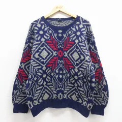 M/古着 GANT 長袖 ノルディック セーター メンズ 90年代 90s 雪柄 手織り ウール クルーネック 紺他 25nov29