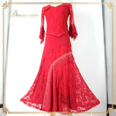 社交ダンス 衣装 スタンダード 上下セット ツーピース レッスンウェア パーティ衣装 ICHIOKU イチオク 赤 レッド系 花柄 レース 派手 フラッシュ レースアップ フルスカート 伸縮性 トレンド モダンダンス 結婚式 パーティー用 衣装 上下セット