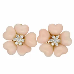 ハート カボション カット サンゴ ダイヤモンド(0.30ct/0.30ct)フラワーモチーフ ピアス 750 K18 YG イエローゴールド【送料無料】【中古】TMR2510270004