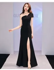 ブラック 結婚式ドレス ワンショルダー デコルテ セクシー 発表会 演奏会 レディース 結婚式 お呼ばれ ステージ衣装 マキシ丈 エレガント ウエディングドレス カラードレス イブニングドレス スリット　キャバドレス ナイトドレス ナイトワンピ hpyy02