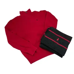 180053 POLO RALPH LAUREN ポロ・ラルフローレン ハーフジップニット＆マフラー L レッド グレー コットン/ウール