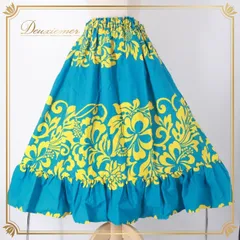 フラダンス 衣装 パウスカート ブルー系 ハイビスカス柄 ハワイアンプリント アロハ フラ ダンス レッスン 練習 フリル イエロー系 水色 黄 華やか 鮮やか かわいい おしゃれ シングル スカート さわやか 花柄 植物柄 フラ スカート ダンス衣装