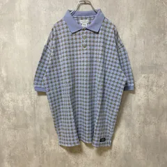 古着 used　ARIZONA　半袖総柄ポロシャツ　チェック柄　水色　青　レトロデザイン　個性的　春夏服　Lサイズ
