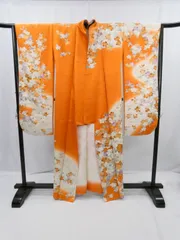 ◇KWF072 振袖 オレンジ色 正絹 古着 アンティーク 結婚式 卒業式 成人式 初詣