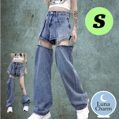 デニム パンツ 2way ショートパンツ ガーターベルト 韓国 ハイウエスト 切り替え 体型カバー (z)