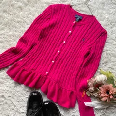 POLO RALPH LAUREN　ペプラムケーブルニットカーディガン　ホース刺繍　ロゴボタン　ピンク　XL (16) 現行タグ　QRタグ　コットン　綿　近年モデル　人気