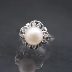 M220 本真珠 7.5mm珠 パール 925刻印 リング ダイヤモンド風 デザイン シルバー 指輪 6月誕生石 9号