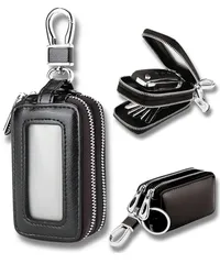 キーケース メンズ スマートキー対応 PUレザー ダブルファスナー コンパクト [Ventury] 軽量 窓付き クリア窓 レザー 車 バイク 鍵収納 通勤 旅行 プレゼント ギフト 誕生日 記念日 贈り物