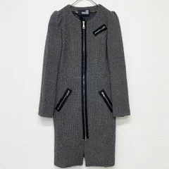 MOSCHINO　モスキーノ　ロングコート　ノーカラー　ドット柄　カシミヤ　ウール　ナイロン　ブラック×ホワイト　ブルガリア製　レディース　38　b00103