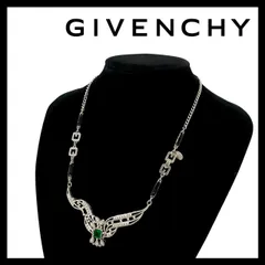 SU【GIVENCHY】ネックレス シルバーカラー カラーストーン グリーン/緑 ブラック/黒 ラインストーン ペンダント ヴィンテージ ジバンシー/ジバンシイ/ジバンシィ (SU-394)
