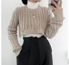 クロップド ケーブル編み ニット ベージュ