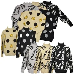 ニット レディース ハイネック 総柄 長袖 大人カジュアル 総柄モチーフ ハイネックニット スマイルドット 恐竜柄 ミセス カジュアル【中】3811063/3811065