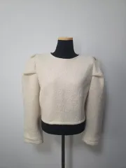 アイボリー パフ クロップド ツイード Tシャツ (2