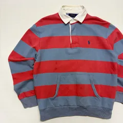 ポロラルフローレン ラガーシャツ スウェット カンガルーポケット ボーダー 赤 青 M ポロシャツ 長袖 POLO RALPH LAUREN メンズ レディース ポニー刺繍 アメカジ プレッピー 古着 【2052SA】