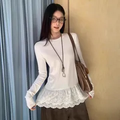 裾レースTシャツ 未使用 レイヤード 重ね着 Tシャツ 白 クルーネック カットソー 長袖 無地 トップス レディース 秋 フリルレースmin#