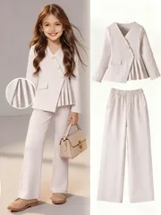 女の子 スーツ パンツ 未使用 スーツ 入学式 卒業式 上下セット パンツスーツ キッズスーツ 女の子 子供服 セットアップ プリーツ ジャケット ウエストゴム パンツ 2点セット 卒服 卒園式 結婚式 発表会 フォーマル スーツ min#