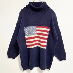 古着 used　～90s　長袖タートルネックニット　セーター　星条旗　アメリカ　国旗　ネイビー　紺色　オーバーサイズ