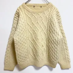 古着 used 80s 90s　長袖フィッシャーマン厚手ニット　セーター　アランニット　クルーネック　ケーブル編み　白　ホワイト