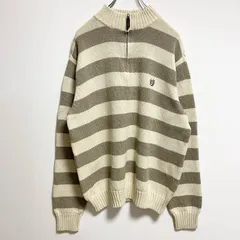 古着 used　CHAPS　チャップス　長袖ハーフジップボーダー柄ニット　セーター　ワンポイント刺繍　白　ホワイト　XLサイズ