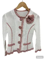  NOKO PLEATS ノコオーノ　プリーツ　カーディガン　コサージュ付き　ドット柄　ホワイト×ピンク　レディース　サイズ38  【Z1731】