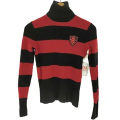 ラルフローレン RALPH LAUREN カシミヤ混 ウール ボーダー プルオーバー ニット タートルネック  エンブレム ワッペン レディース import：M 