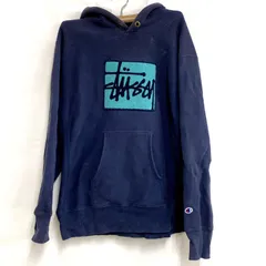 Champion × stussy チャンピオン ステューシー コラボ パーカー ネイビー センターロゴ 古着  26a菊E