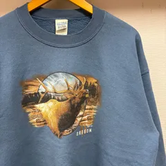 古着　XL　ギルダン　GILDAN   スウェット　青　裏起毛   クルーネック   鹿   動物   プリント