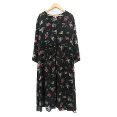 ニコアンド Niko and.. シャツワンピース ロング丈 長袖 Vネック 花柄 4 マルチカラー 黒 ブラック /YK23