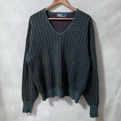 POLO RALPH LAUREN ポロラルフローレン 90's old コットン ジャガード ニット Vネック カットソー size.L グリーン チェック