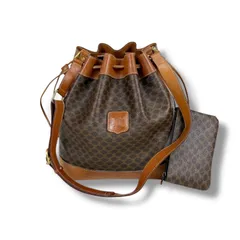 セリーヌ　CELINE 巾着型　ショルダーバッグ　ポーチ付き　ブラウン　マカダム柄　ドローストリング　クララ　 PVCレザー