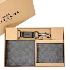 コーチ 財布 メンズ COACH 折り財布 シグネチャー 3in1 ウォレット＆キーリング ギフトセット ボックス付き CW344 QBMI5 チャコール×ブラック